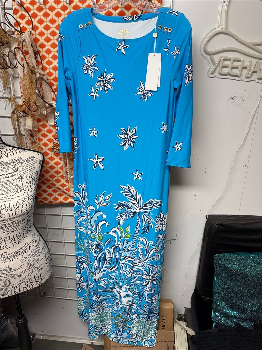 Blue Floral Maxi Dress with 3/4 Sleeves
